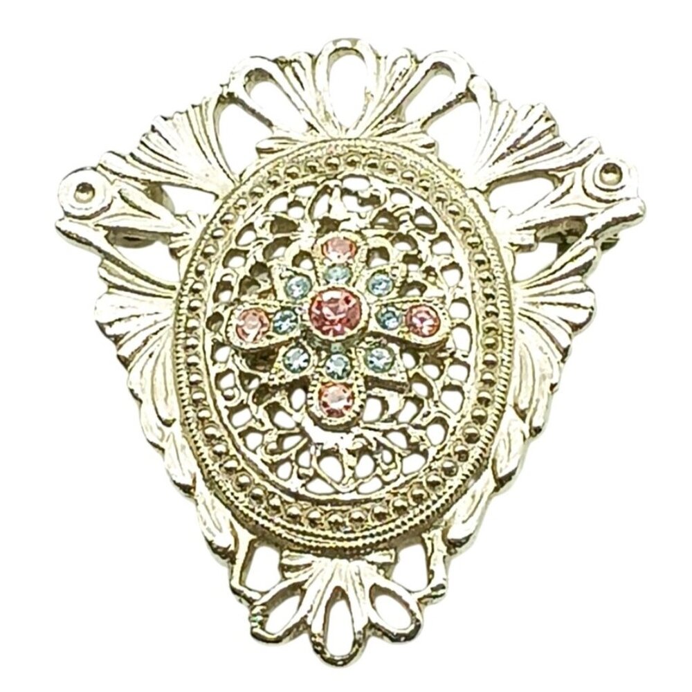 Vintage 1928 Silver-Tone Filigree Brooch Pin with Colorful Rhinestone Accents